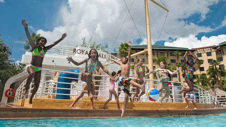 Loews Royal Pacific Resort is themed as a South Seas oasis with a lagoon-style pool and white-sand beach.